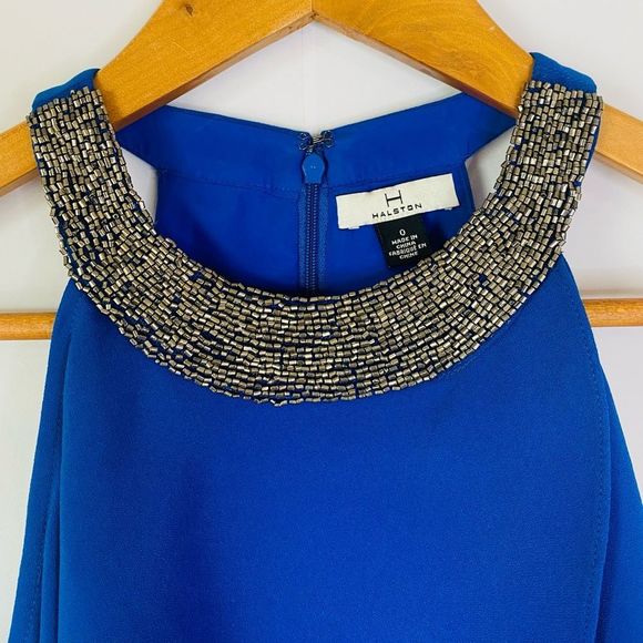 NWT HALSTON Royal Blue Beaded Collared Cold Shoulder Sleeve Draped Mini Dress - Picture 9 of 13